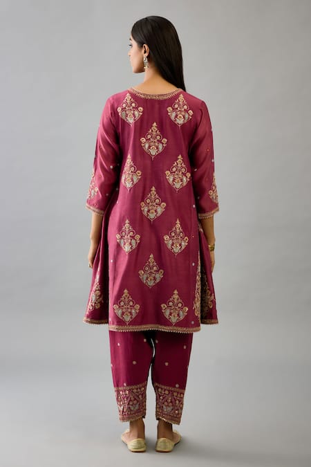 Shop Kora Wine Silk, Chanderi Embroidery, Gota Patti, Sequins, Zari Round Phiran Kurta Set at Aza Fashions Shop_Kora_Wine Silk, Chanderi Embroidery, Gota Patti, Sequins, Zari Round Phiran Kurta Set _at_Aza_Fashions