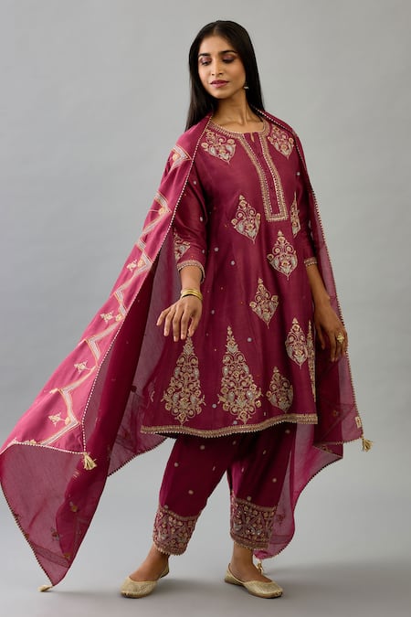 Kora Wine Silk, Chanderi Embroidery, Gota Patti, Sequins, Zari Round Phiran Kurta Set Online at Aza Fashions Kora_Wine Silk, Chanderi Embroidery, Gota Patti, Sequins, Zari Round Phiran Kurta Set _Online_at_Aza_Fashions