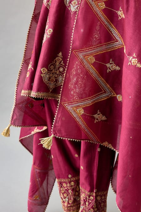 Kora Wine Silk, Chanderi Embroidery, Gota Patti, Sequins, Zari Round Phiran Kurta Set at Aza Fashions Kora_Wine Silk, Chanderi Embroidery, Gota Patti, Sequins, Zari Round Phiran Kurta Set _at_Aza_Fashions