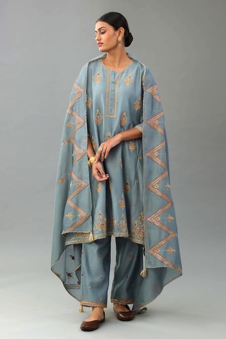 KORA Silk Thread Embroidered A-Line Kurta Set 