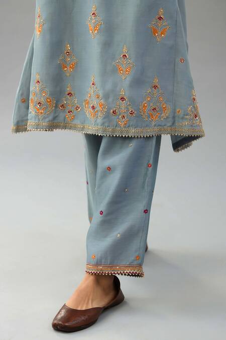 Kora_Blue Silk, Chanderi Sequins, Gota Patti, Embroidery, Tassels Round Kurta Set _Online_at_Aza_Fashions