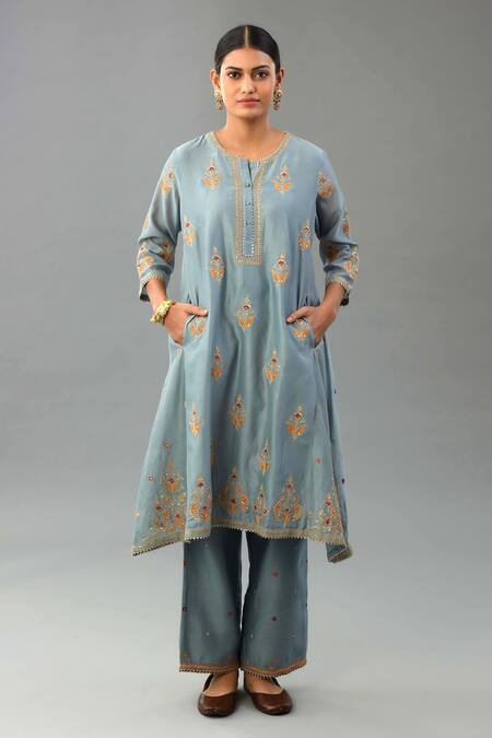 Buy_Kora_Blue Silk, Chanderi Sequins, Gota Patti, Embroidery, Tassels Round Kurta Set _Online_at_Aza_Fashions