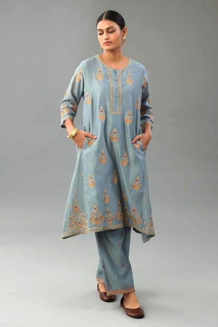 Shop_Kora_Blue Silk, Chanderi Sequins, Gota Patti, Embroidery, Tassels Round Kurta Set _Online_at_Aza_Fashions