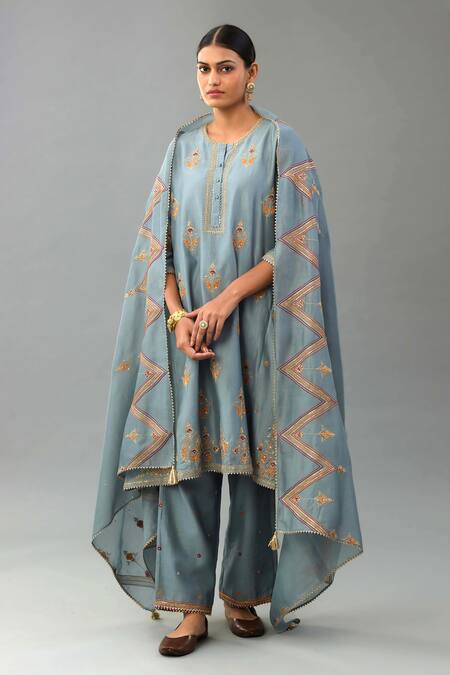 Kora_Blue Silk, Chanderi Sequins, Gota Patti, Embroidery, Tassels Round Kurta Set _at_Aza_Fashions