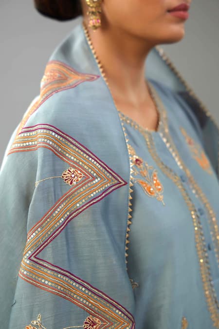 Buy_Kora_Blue Silk, Chanderi Sequins, Gota Patti, Embroidery, Tassels Round Kurta Set 