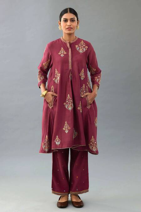 Buy_Kora_Wine Silk, Chanderi Embroidery, Sequins, Gota Patti Thread Short Anarkali Set _Online_at_Aza_Fashions