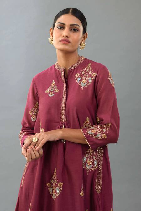 Shop_Kora_Wine Silk, Chanderi Embroidery, Sequins, Gota Patti Thread Short Anarkali Set _Online_at_Aza_Fashions