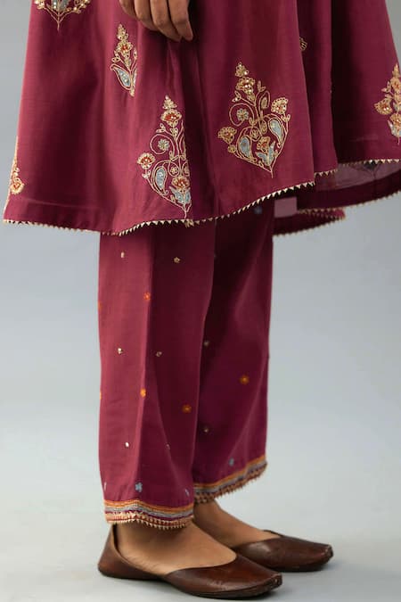 Kora_Wine Silk, Chanderi Embroidery, Sequins, Gota Patti Thread Short Anarkali Set _at_Aza_Fashions