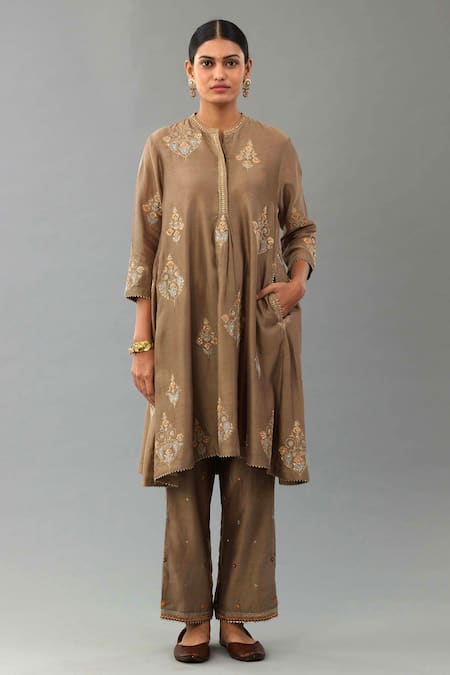 Kora_Brown Silk, Chanderi Diamonds, Sequins, Embroidery, Zari Short Anarkali Set _Online_at_Aza_Fashions