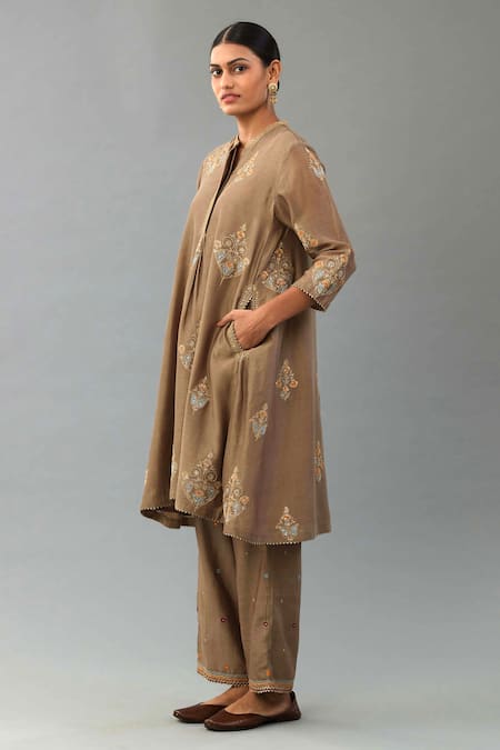 Buy_Kora_Brown Silk, Chanderi Diamonds, Sequins, Embroidery, Zari Short Anarkali Set _Online_at_Aza_Fashions