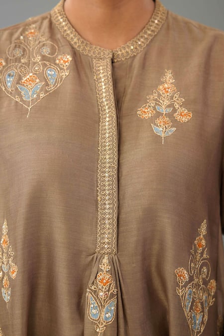 Shop_Kora_Brown Silk, Chanderi Diamonds, Sequins, Embroidery, Zari Short Anarkali Set _Online_at_Aza_Fashions