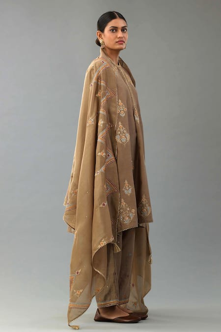 Kora_Brown Silk, Chanderi Diamonds, Sequins, Embroidery, Zari Short Anarkali Set _at_Aza_Fashions