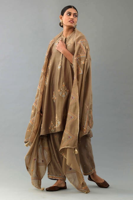 Buy_Kora_Brown Silk, Chanderi Diamonds, Sequins, Embroidery, Zari Short Anarkali Set 