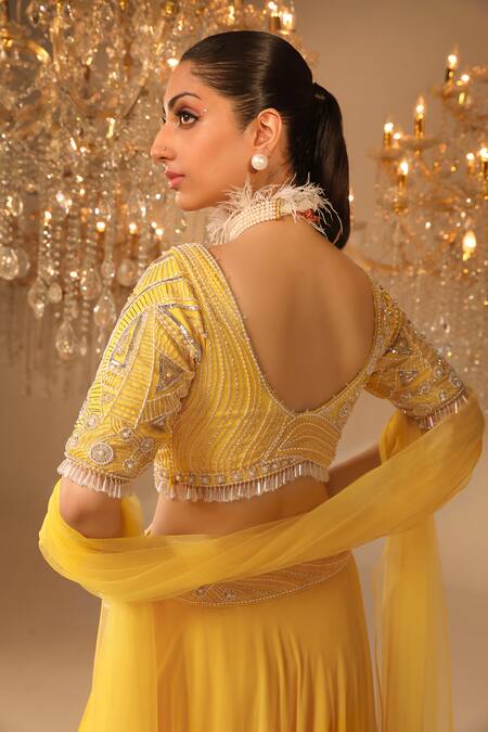 Omal Sindwani_Yellow Georgette Hand Embroidered Crystal Drops V Neck Blouse Lehenga Set _Online_at_Aza_Fashions