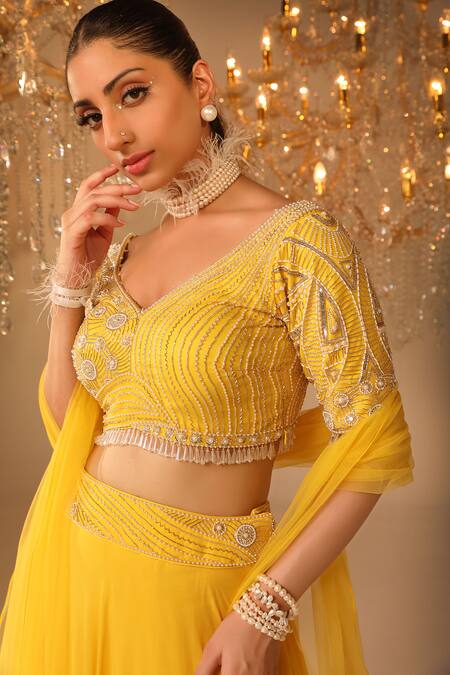 Buy_Omal Sindwani_Yellow Georgette Hand Embroidered Crystal Drops V Neck Blouse Lehenga Set _Online_at_Aza_Fashions