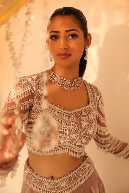 Omal Sindwani_Purple Organza Hand Embroidered Crystal Drops Cutdana Blouse Lehenga Set _Online_at_Aza_Fashions