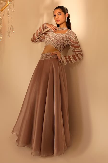 Buy_Omal Sindwani_Purple Organza Hand Embroidered Crystal Drops Cutdana Blouse Lehenga Set _Online_at_Aza_Fashions