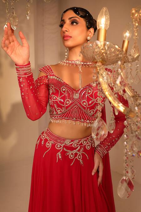Omal Sindwani_Pink Georgette Hand Embroidered Sequins V Neck Lehenga Set _Online_at_Aza_Fashions