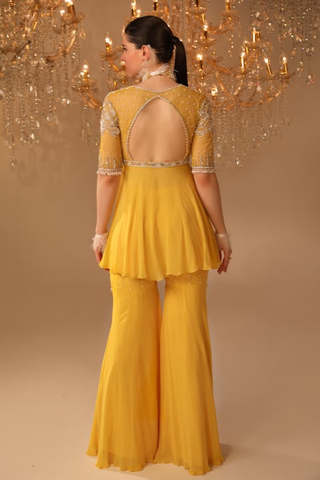 Omal Sindwani Bodice Embroidered Peplum Kurta Gharara Set 