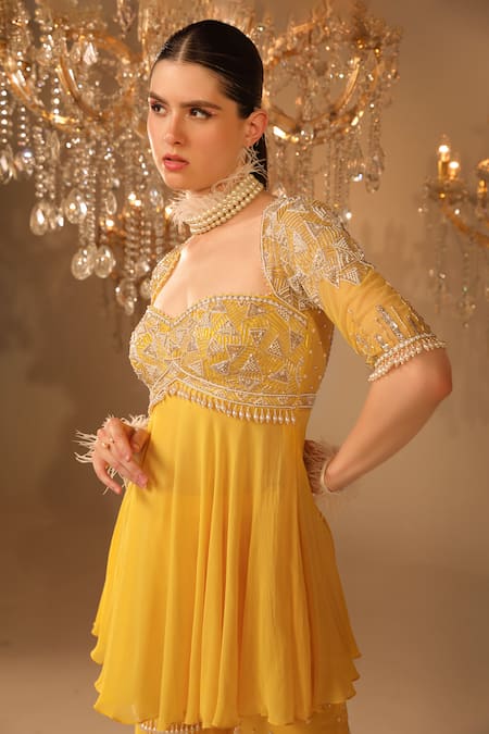 Omal Sindwani_Yellow Georgette Hand Embroidered Sequins Bodice Peplum Kurta Gharara Set _Online_at_Aza_Fashions