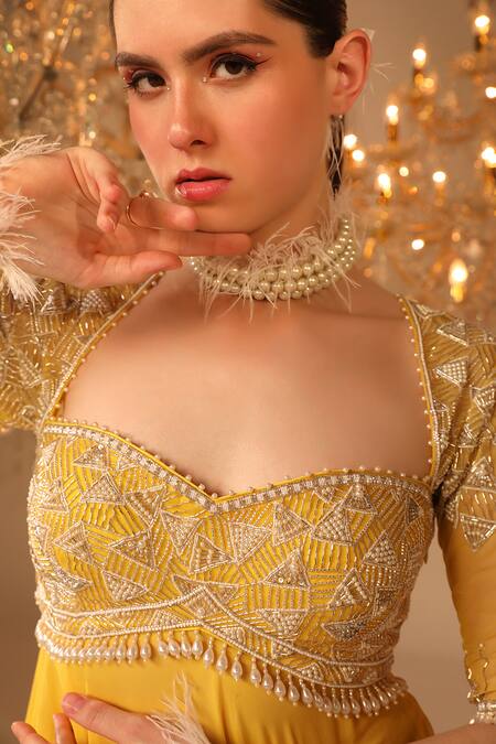 Buy_Omal Sindwani_Yellow Georgette Hand Embroidered Sequins Bodice Peplum Kurta Gharara Set _Online_at_Aza_Fashions