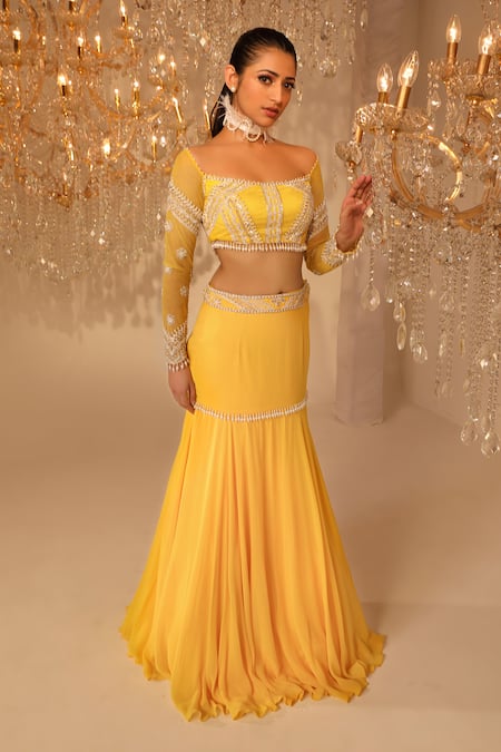 Buy_Omal Sindwani_Yellow Georgette Hand Embroidered Sequins Square Neck Beads Blouse Lehenga Set _Online_at_Aza_Fashions