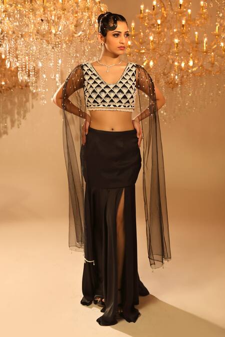 Buy_Omal Sindwani_Black Satin Hand Embroidered Sequins Blunt V Neck Blouse And Slit Lehenga Set _Online_at_Aza_Fashions