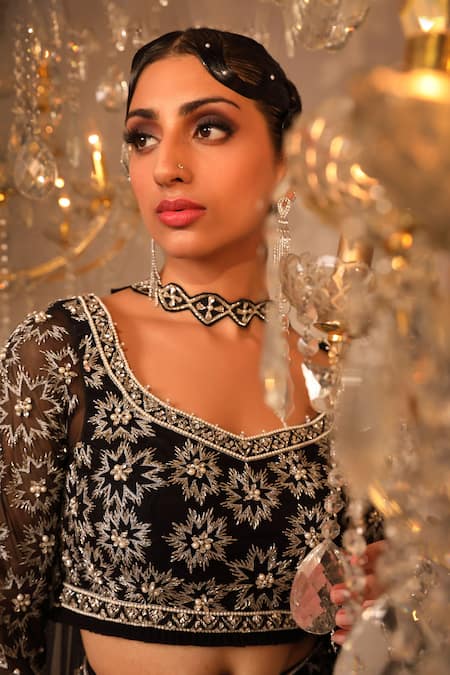 Omal Sindwani_Black Satin Hand Embroidered Sequins Round Blouse Lehenga Set _Online_at_Aza_Fashions