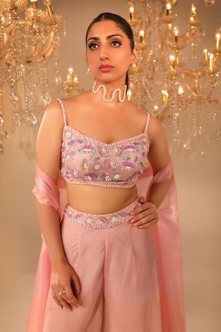 Buy_Omal Sindwani_Pink Organza, Georgette, Net Sequins, Cut Hand Embroidered Cape Palazzo Set _Online_at_Aza_Fashions
