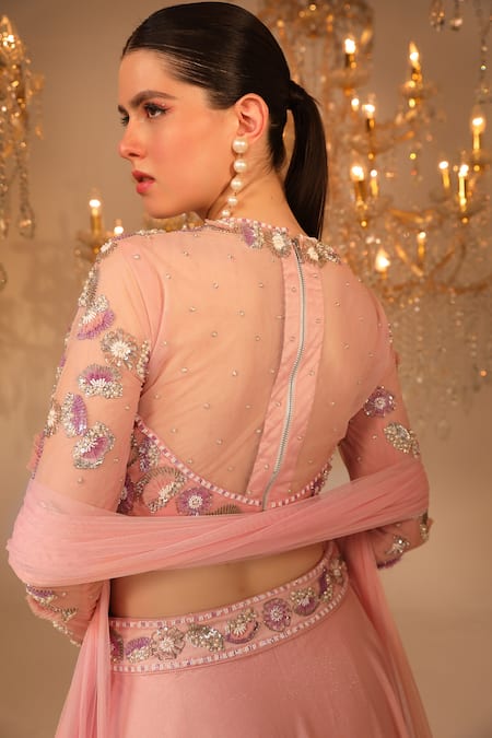 Omal Sindwani_Pink Net, Georgette Sequins, Beads, Cut Hand Embroidered Blouse Lehenaga Set _Online_at_Aza_Fashions