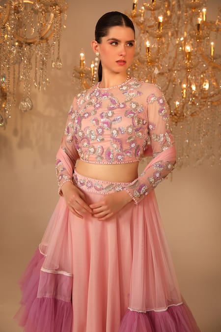 Buy_Omal Sindwani_Pink Net, Georgette Sequins, Beads, Cut Hand Embroidered Blouse Lehenaga Set _Online_at_Aza_Fashions