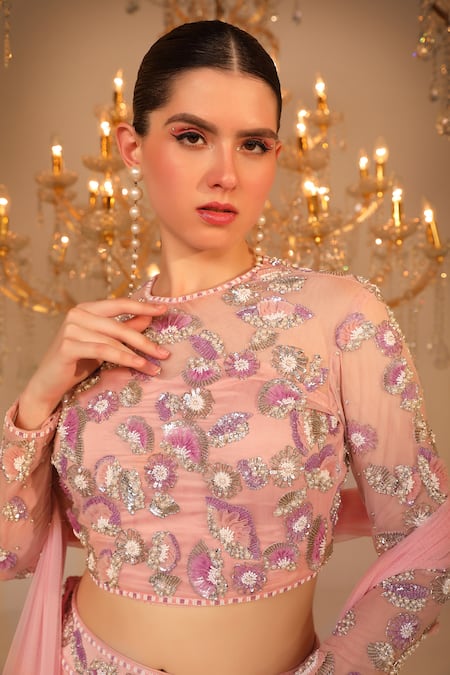 Shop_Omal Sindwani_Pink Net, Georgette Sequins, Beads, Cut Hand Embroidered Blouse Lehenaga Set _Online_at_Aza_Fashions