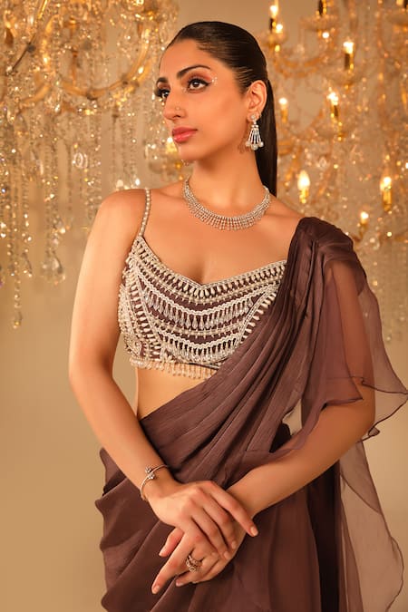 Omal Sindwani_Purple Satin, Organza, Net Ruffle Pre-draped Saree With Embroidered Blouse _Online_at_Aza_Fashions