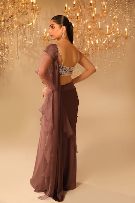 Omal Sindwani Ruffle Pre-Draped Saree With Embroidered Blouse 