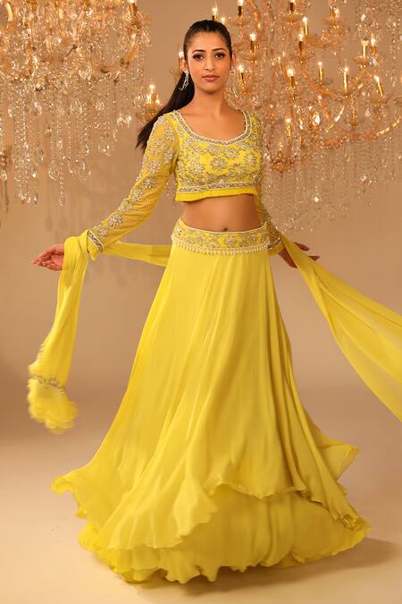 Buy_Omal Sindwani_Green Georgette, Net, Organza Cut Cutdana Hand Embroidered Blouse Lehenga Set _Online_at_Aza_Fashions