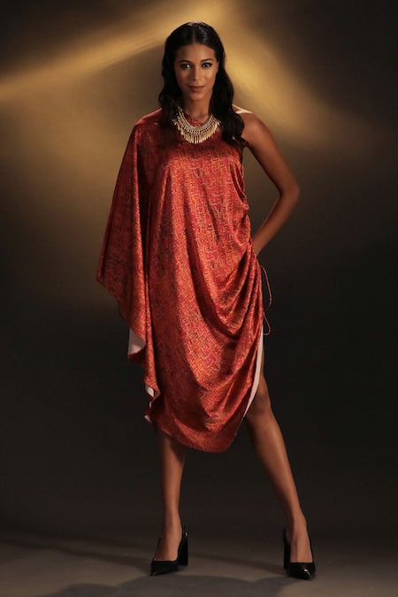 Kaprapan by Anaita Shah Pink Satin Printed Tree Bark One Shoulder Draped Kaftan