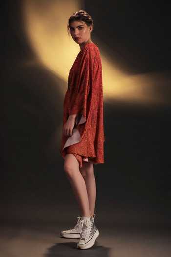Kaprapan By Anaita Shah_Pink Satin Embroidery V-neck Patch Draped Kaftan_Online_at_Aza_Fashions
