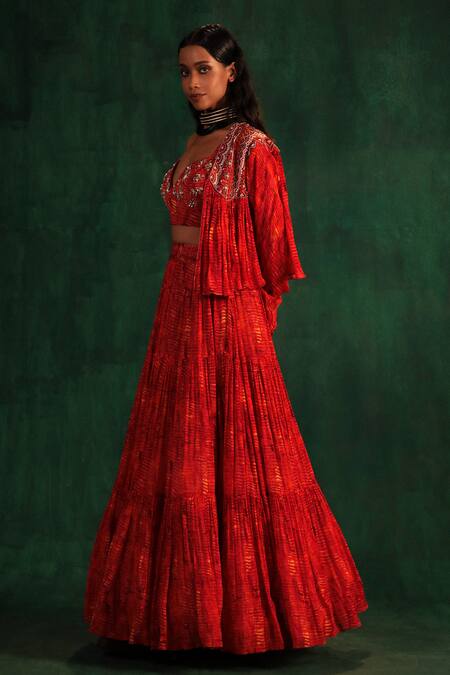 Kaprapan By Anaita Shah_Red Chiffon Sequins, Beads Tree Bark Print Tiered Lehenga Set With Jacket_Online_at_Aza_Fashions