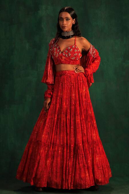 Buy_Kaprapan By Anaita Shah_Red Chiffon Sequins, Beads Tree Bark Print Tiered Lehenga Set With Jacket_Online_at_Aza_Fashions