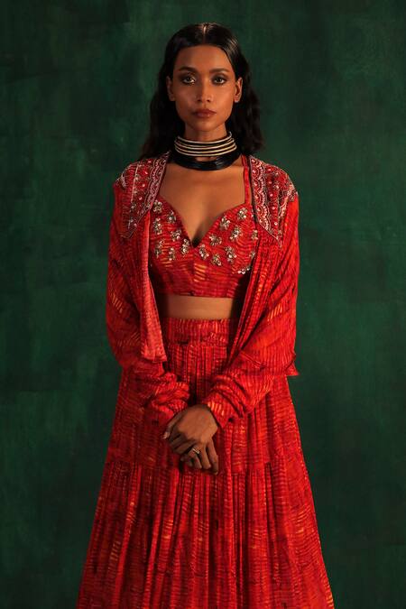 Shop_Kaprapan By Anaita Shah_Red Chiffon Sequins, Beads Tree Bark Print Tiered Lehenga Set With Jacket_Online_at_Aza_Fashions