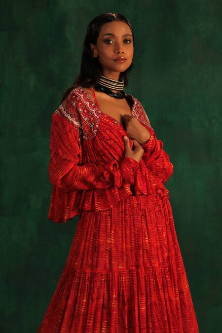 Kaprapan By Anaita Shah_Red Chiffon Sequins, Beads Tree Bark Print Tiered Lehenga Set With Jacket_at_Aza_Fashions