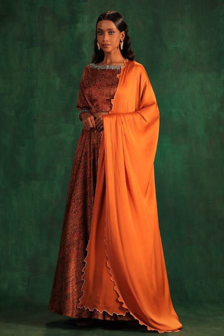 Kaprapan By Anaita Shah_Gold Satin Sequins, Cut Work, Beads Boat Neck Tree Bark Print Lehenga Set_Online_at_Aza_Fashions