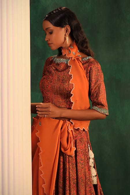 Buy_Kaprapan By Anaita Shah_Gold Satin Sequins, Cut Work, Beads Boat Neck Tree Bark Print Lehenga Set_Online_at_Aza_Fashions