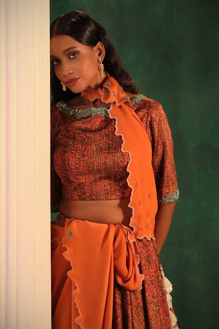 Shop_Kaprapan By Anaita Shah_Gold Satin Sequins, Cut Work, Beads Boat Neck Tree Bark Print Lehenga Set_Online_at_Aza_Fashions