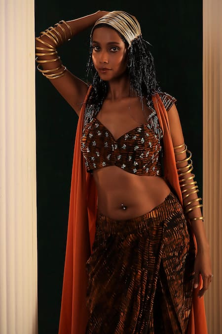 Buy_Kaprapan By Anaita Shah_Black Crepe, Satin Sequins, Beads Tree Bark Print Draped Skirt Cape Set_Online_at_Aza_Fashions