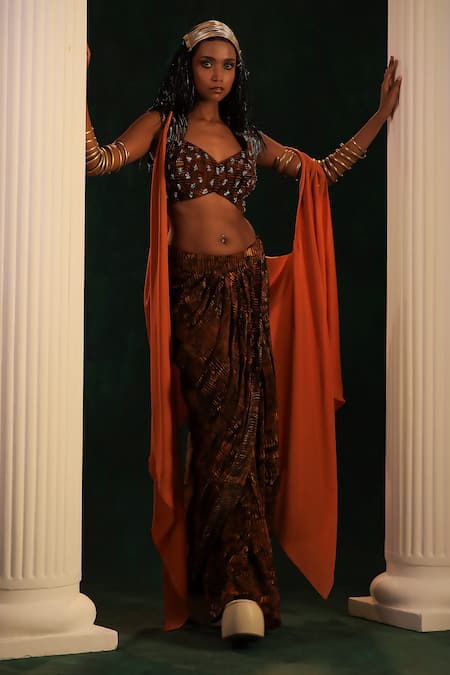 Shop_Kaprapan By Anaita Shah_Black Crepe, Satin Sequins, Beads Tree Bark Print Draped Skirt Cape Set_Online_at_Aza_Fashions