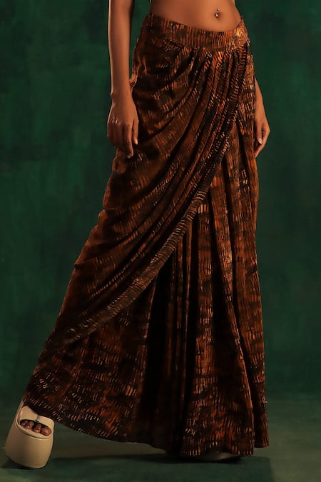 Buy_Kaprapan By Anaita Shah_Black Crepe, Satin Sequins, Beads Tree Bark Print Draped Skirt Cape Set