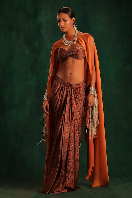 Kaprapan by Anaita Shah Gold And Chiffon Printed Tree Bark Bustier Draped Skirt Set With Cape