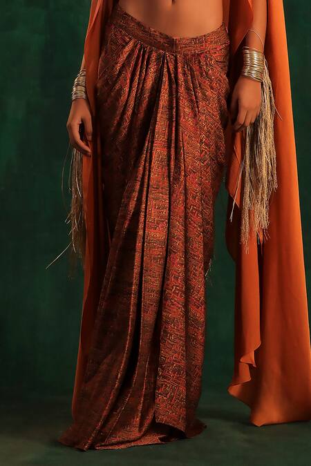 Kaprapan By Anaita Shah_Gold Satin Embroidery Sweetheart Neck Tree Bark Print Draped Skirt Set With Cape_Online_at_Aza_Fashions