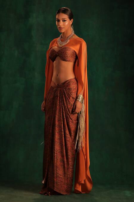 Buy_Kaprapan By Anaita Shah_Gold Satin Embroidery Sweetheart Neck Tree Bark Print Draped Skirt Set With Cape_Online_at_Aza_Fashions